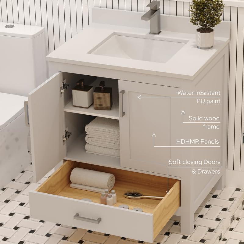 Ayna Decors Rooh 24 in White Bathroom Vanity Set with White Quartz Countertop | Ceramic Sink | 2 Soft Closing Doors | 1 Full Extention Soft Close Drawer | Brushed Nickel Hardware | AVR24WH3002