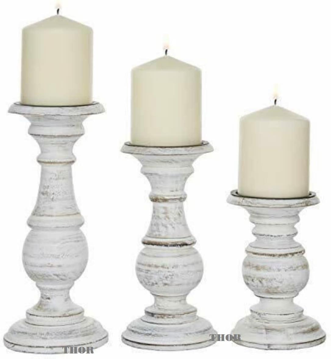 White Distressed Wood Pillar Candle Holder Set of 3