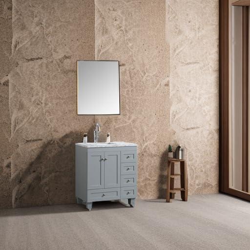 Eviva Happy 30" x 18" Transitional Gray Bathroom Vanity with White Carrara Marble Countertop