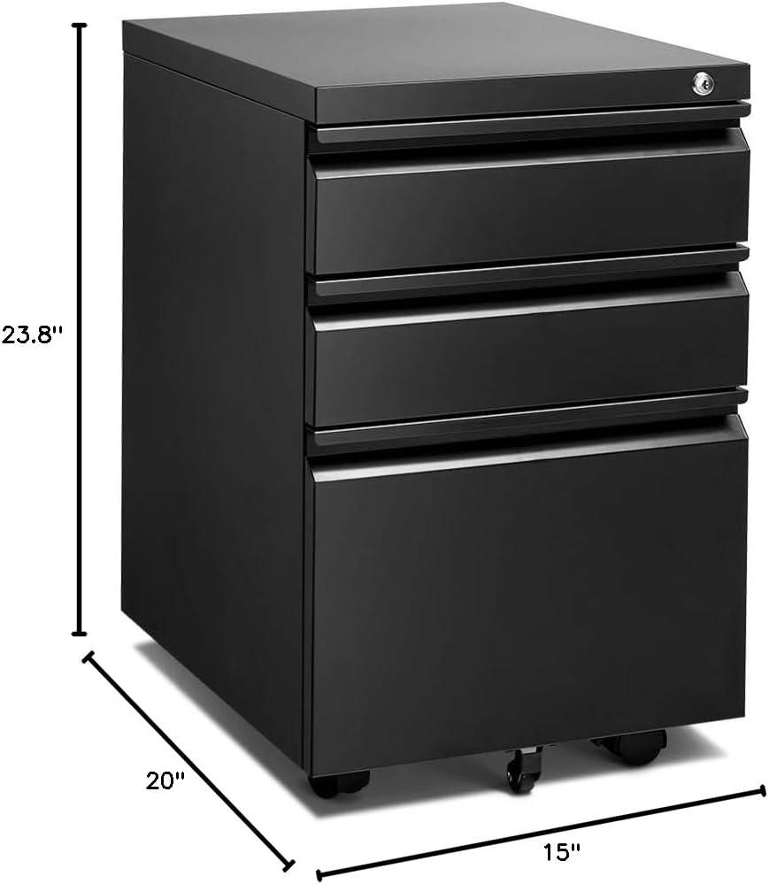 MIIIKO File Cabinet 3 Drawers on Wheels Under Desk, Black Metal Rolling File Cabinets with Lock for Home Office, Un-Assembled Filing Cabinet with Lock