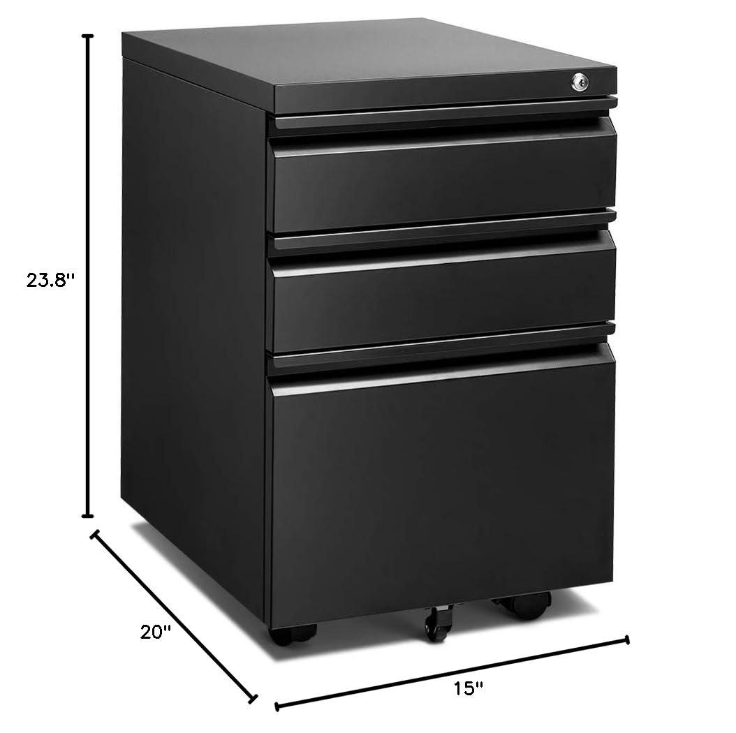 MIIIKO File Cabinet 3 Drawers on Wheels Under Desk, Black Metal Rolling File Cabinets with Lock for Home Office, Un-Assembled Filing Cabinet with Lock