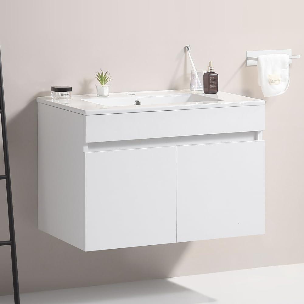 White Wall-Mounted Bathroom Vanity with Ceramic Sink and Storage