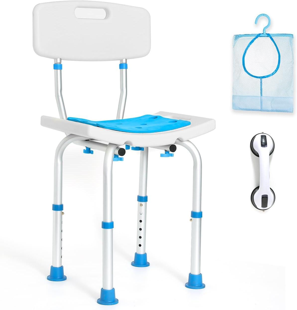 Adjustable White and Blue Aluminum Shower Chair with Backrest