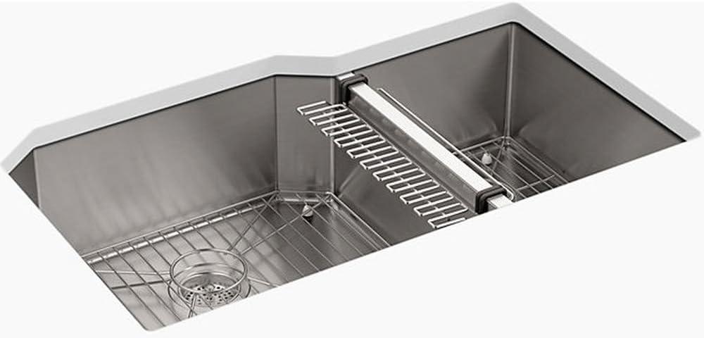 Strive 35-1/2" L x 20-1/4" W x 9-5/16" Under-Mount Extra-Large/Medium Double-Bowl Kitchen Sink with Basin Rack