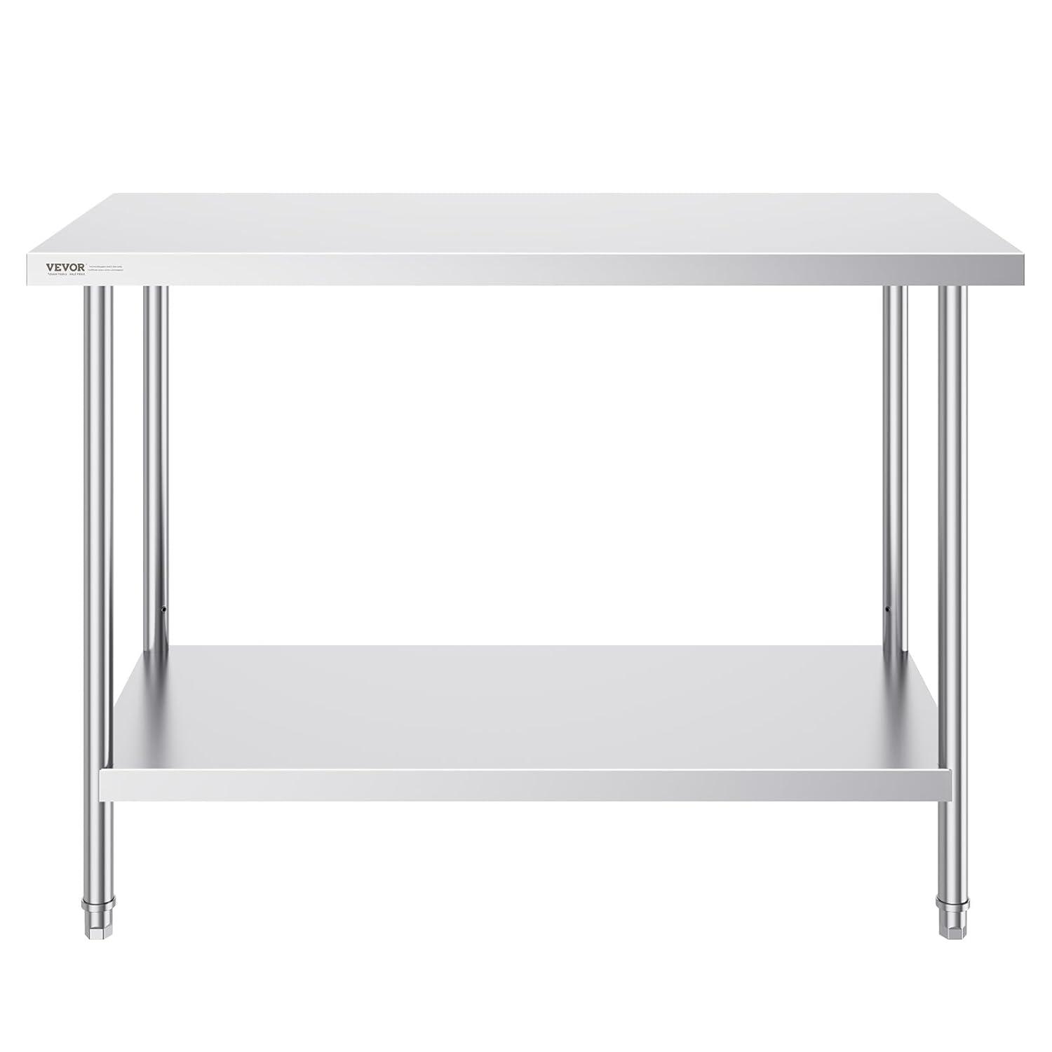 VEVOR Stainless Steel Prep Table, 48 x 24 x 34 Inch, 550lbs Load Capacity Heavy Duty Metal Worktable with Adjustable Undershelf, Commercial Workstation for Kitchen Restaurant Garage Backyard