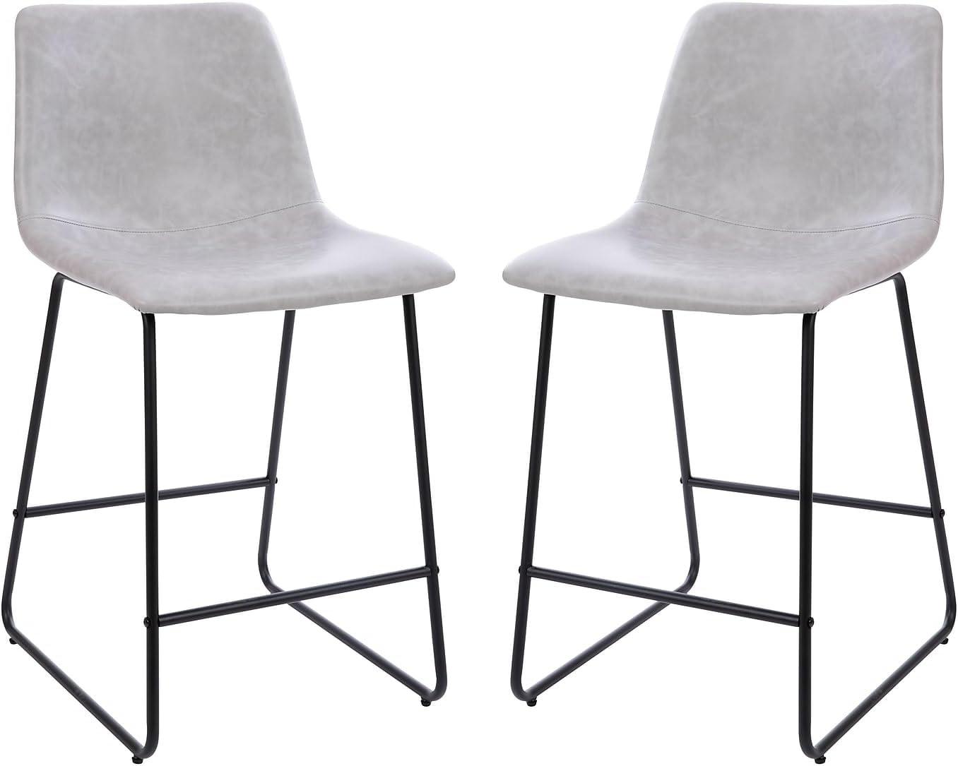 Adjustable Light Gray Leather & Metal Dining Stools, Set of 2