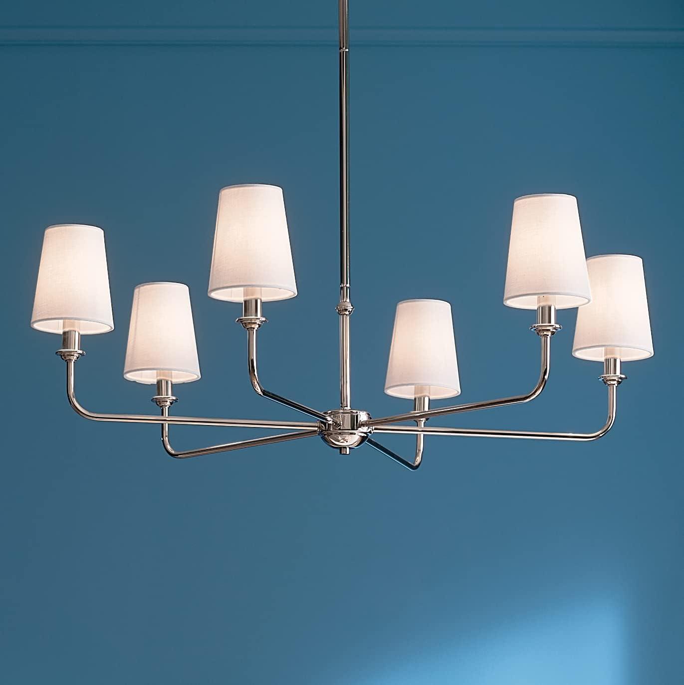 Elegant Pallas 6-Light Chandelier in Polished Nickel with White Linen Shades