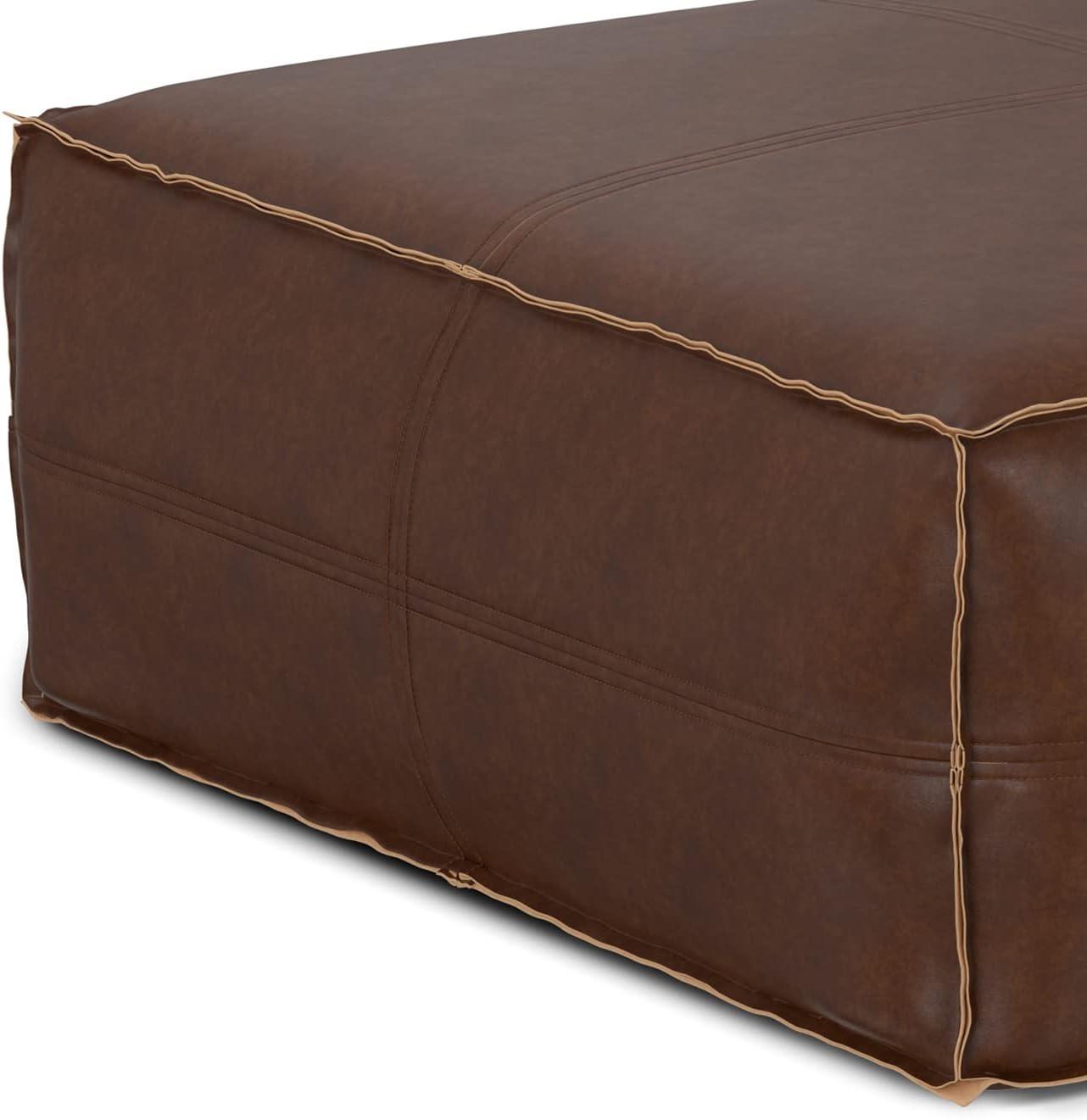 Brody Boho Square Pouf in Distressed Dark Brown Vegan Faux Leather