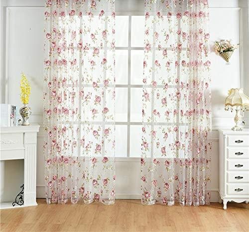 Rod Pocket Top Rose Floral Sheer Voile Curtain, Pink Flower Tulle Transparent Window Treatment for Living Room Bedroom Glass Door, 54 by 84 Inch Each,1 Set of 2 Panels …