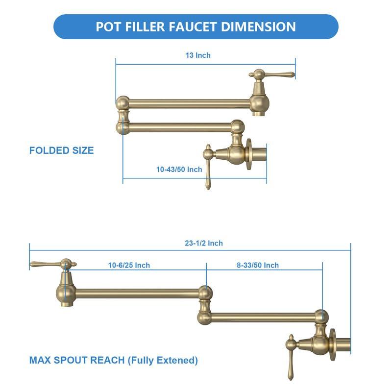 Pot Filler Faucet, Solid Brass Brushed Gold Single Cold Kitchen Faucet Wall Mounted Kitchen Pot Filler Faucet Double Joint Swing Arm Faucet