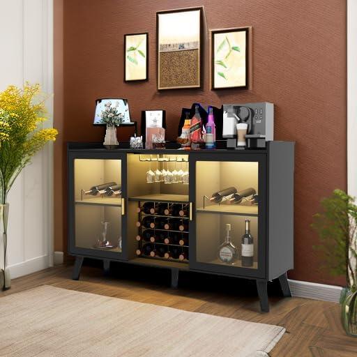 Auromie Wine Bar Cabinet with LED Light, Home Coffee Cabinet with Wine & Glass Rack, Kitchen Buffet Sideboard with Storage Shelves, Freestanding Liquor Cabinet for Living Room, Dining Room, Black