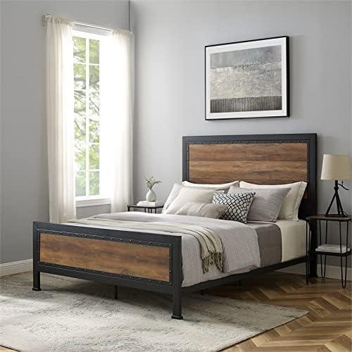 Rustic Oak Queen Bed with Metal Frame and Wood Headboard