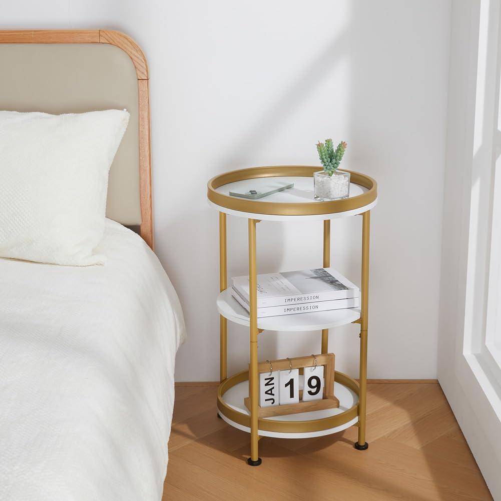 White and Gold Round End Table with 3 Shelves