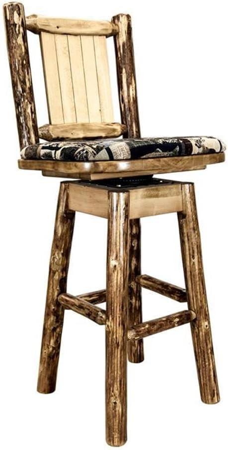 Glacier Country Collection Counter Height Barstool w/ Back & Swivel, Woodland Upholstery w/ Laser Engraved Bear Design