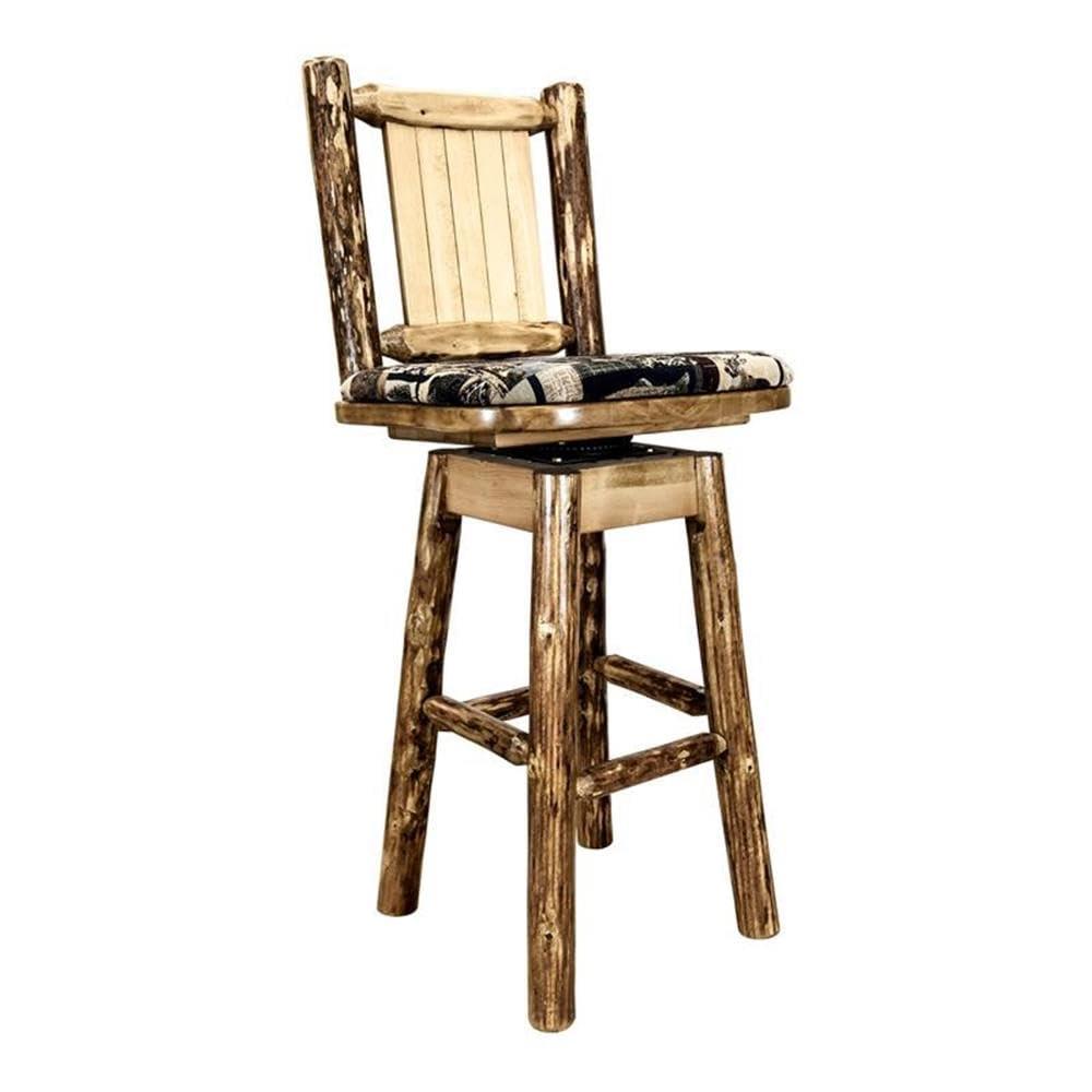 Glacier Country Collection Counter Height Barstool w/ Back & Swivel, Woodland Upholstery w/ Laser Engraved Bear Design