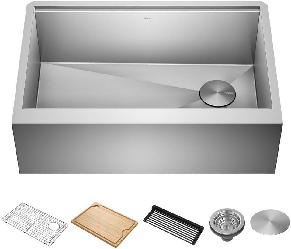KRAUS Kore™ Workstation 30-inch L 16 Gauge Stainless Steel Single Bowl Farmhouse Kitchen Sink with Accessories