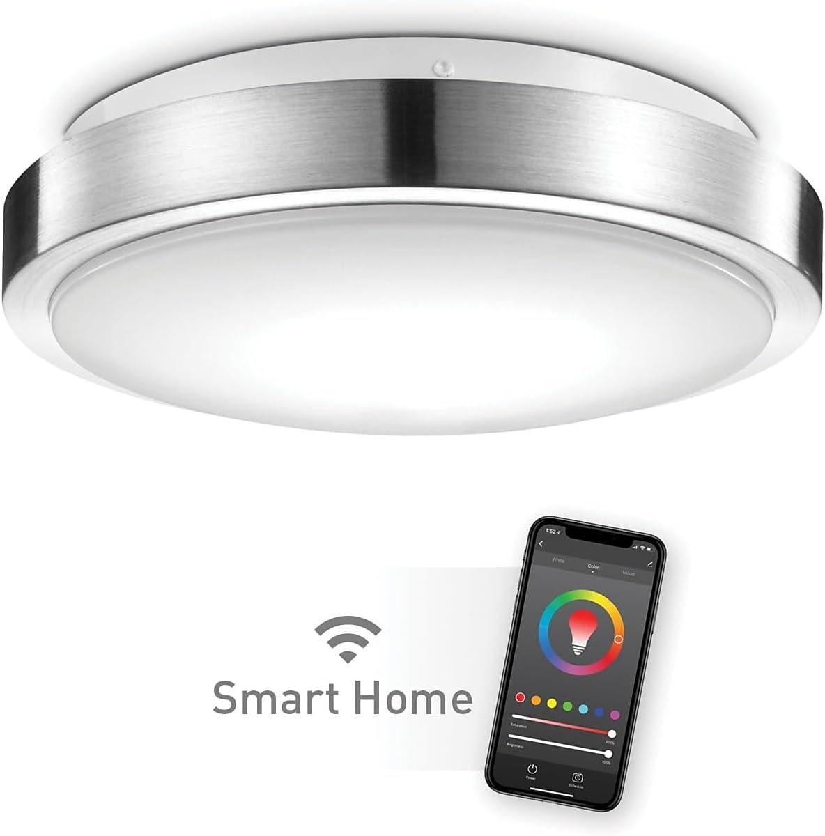 Smart Brushed Nickel 16W 11&#34; White LED Wi-Fi Enabled Voice Activated Flush Mount Ceiling Light