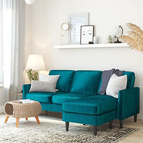 Winston Green Velvet Reversible Sectional Sofa with Ottoman