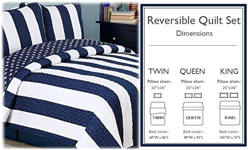 Navy Blue and White Striped Microfiber King Quilt Set