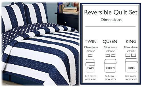 Navy Blue and White Striped Microfiber King Quilt Set
