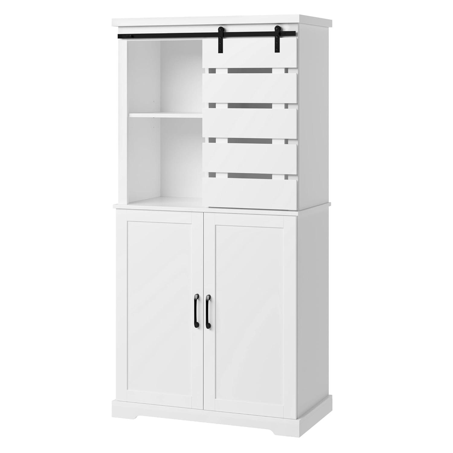 Tall Kitchen Pantry, Large Wood Storage Cabinet with Sliding Barn Door and Adjustable Shelves, Tall Freestanding Cupboard for Dining Room, Living Room, Laundry, White
