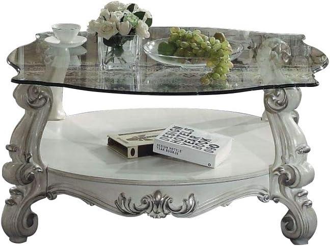Versailles Bone White Rectangular Coffee Table with Clear Glass and Storage