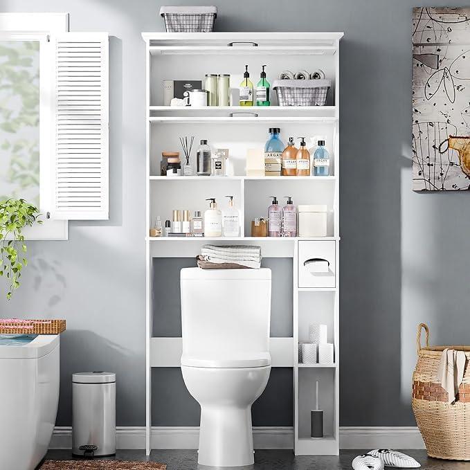 Over The Toilet Storage Cabinet with Transparent Door, Toilet Paper Storage Cabinet with Multi Layer Shelves Suitable for Bathroom, Laundry Room, Freestanding Bathroom Storage Rack,White
