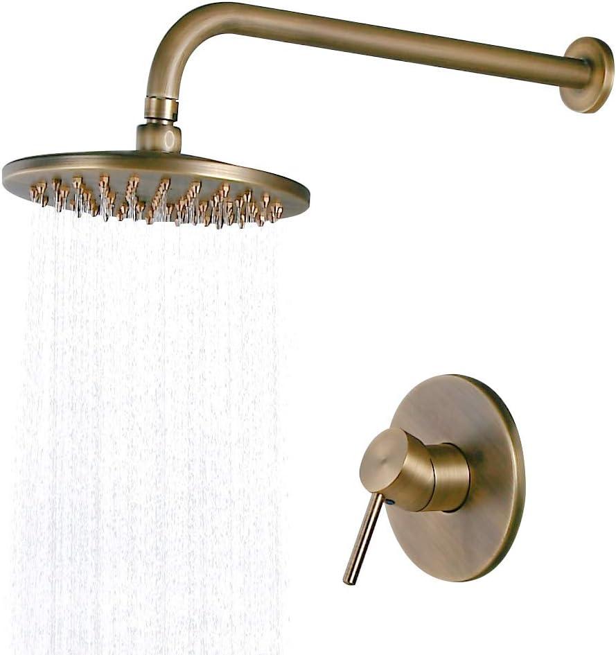 Antique Brass Wall-Mounted Rain Shower System with Round Head