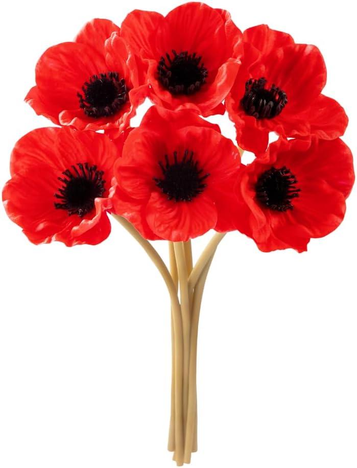 Floral Kingdom Artificial Anemone Poppy, Real Touch Latex, Red, 10 Inch, 8 Pack for Home and Wedding Table Decor, All Season