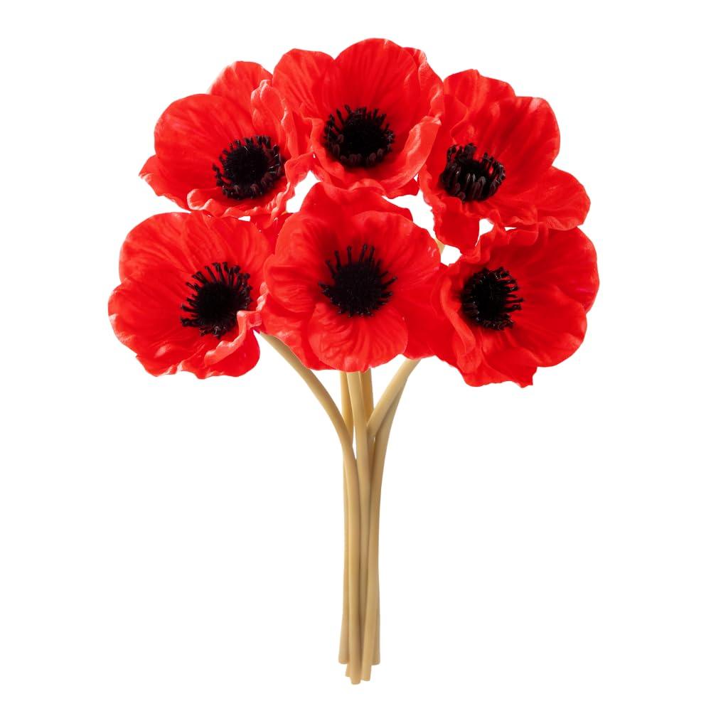 Floral Kingdom Artificial Anemone Poppy, Real Touch Latex, Red, 10 Inch, 8 Pack for Home and Wedding Table Decor, All Season