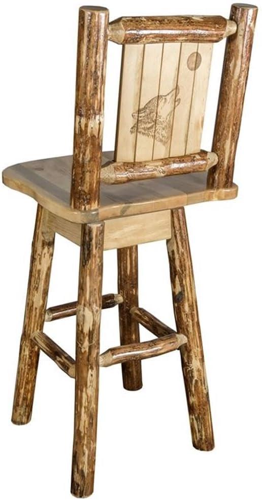 Rustic Lodge Pole Pine Swivel Barstool with Laser-Engraved Wolf