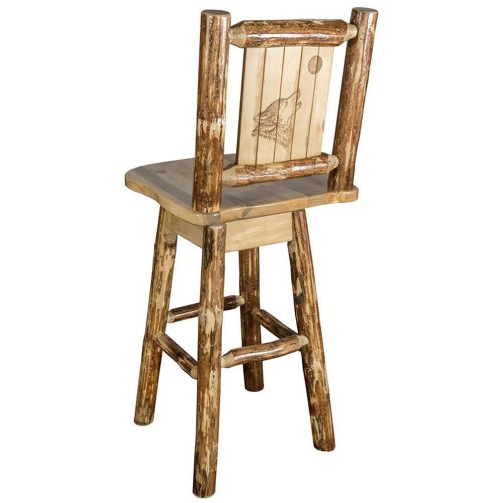 Rustic Lodge Pole Pine Swivel Barstool with Laser-Engraved Wolf