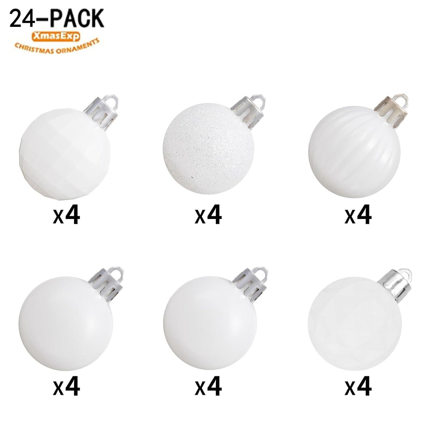 XmasExp 24ct Christmas Ball Ornaments Shatterproof Xmas Tree Hanging Balls Decorations Perfect for Halloween Decorations Holiday Wedding Christmas Decor(2.36"/60mm, White)
