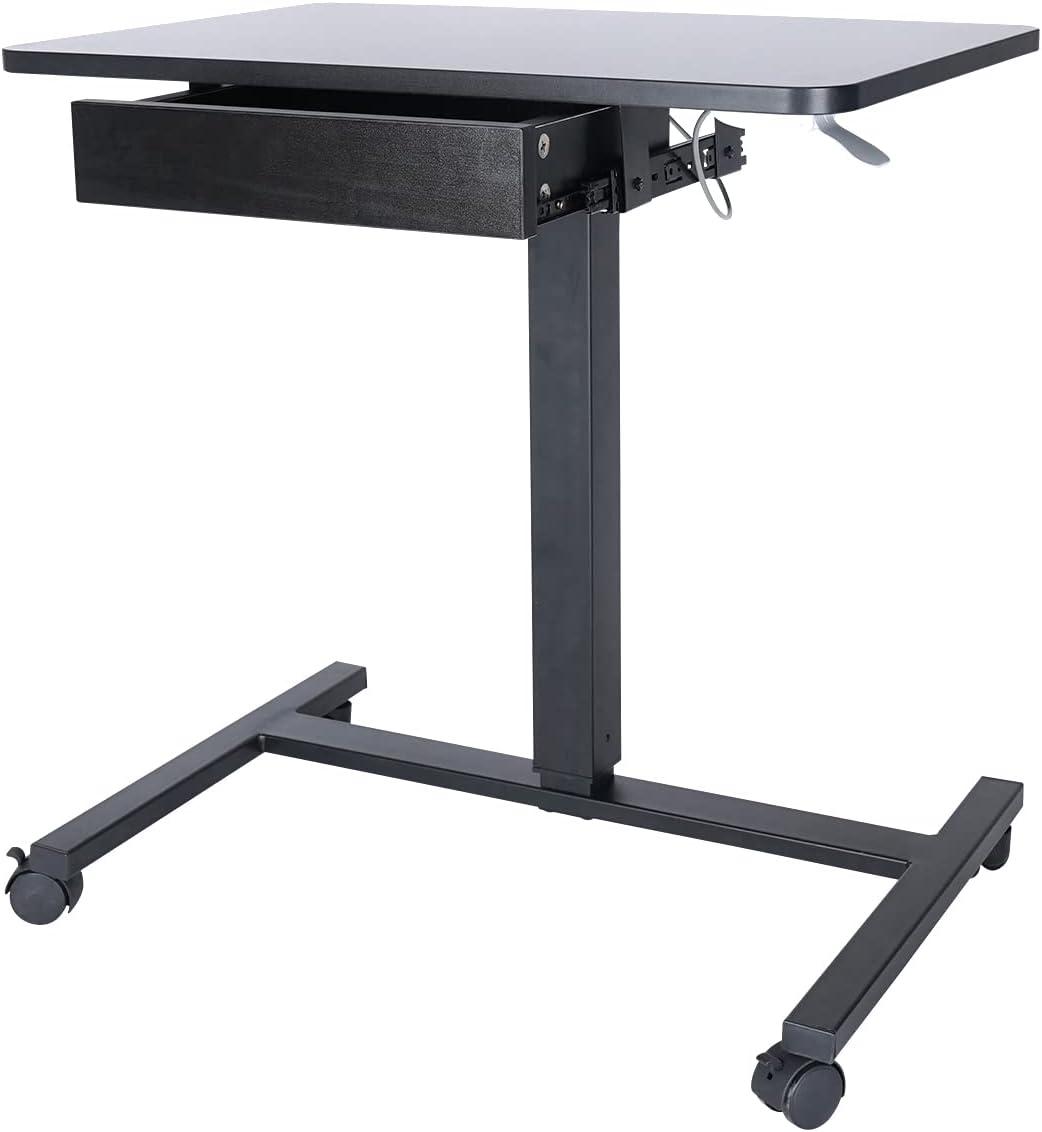 Clatina Pneumatic Height Adjustable Laptop Desk with Lockable Wheels and A Extra Drawer,28 x 18.9 inch desktop size,Black