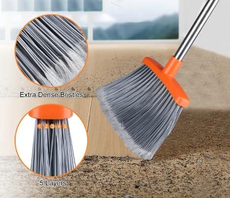 Adjustable Stainless Steel Broom and Dustpan Set with Orange Handle