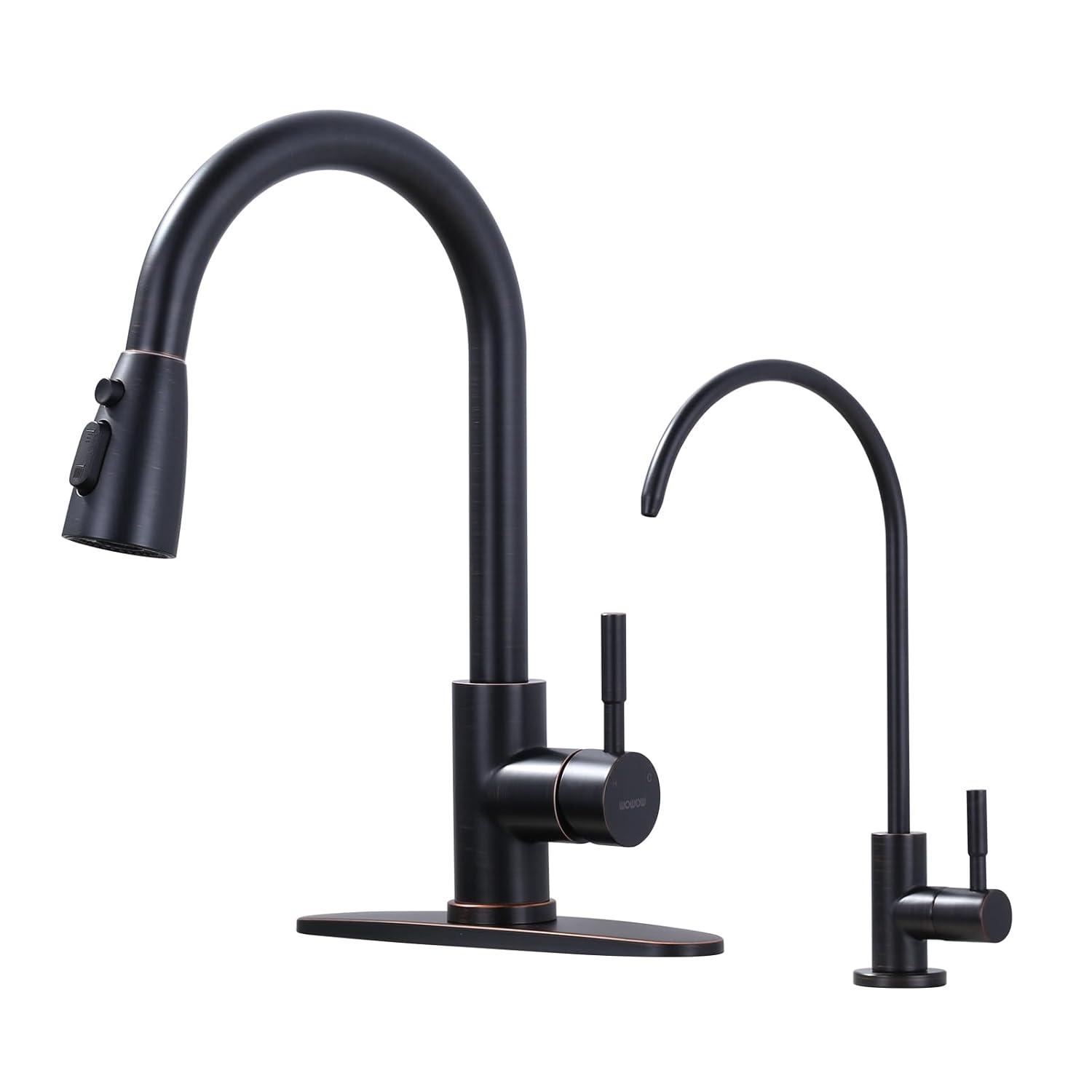 Kitchen Faucet and Water Filter Faucet Combo, WOWOW Stainless Steel Kitchen Sink Faucet with Drinking Water Faucet for Reverse Osmosis or Water Filtration System, Oil-Rubbed Bronze
