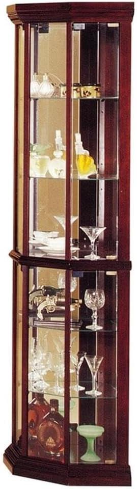 Cherry Wood Lighted Corner Curio Cabinet with Glass Shelves