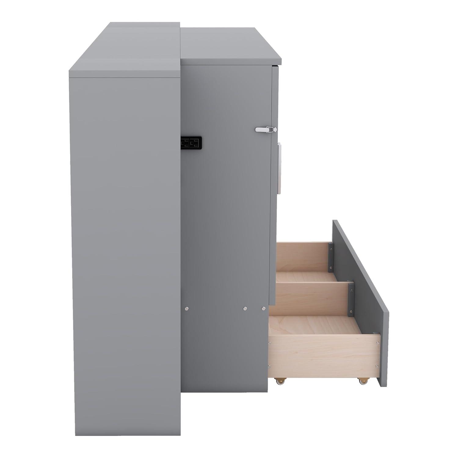 Full Size Murphy Wall Bed With Storage and Bookcase Headboard, Solid Wood Cabinets With Shelves, Drawers and USB Ports, Multi-Function Platform for Home Office, Guest Room - Gray