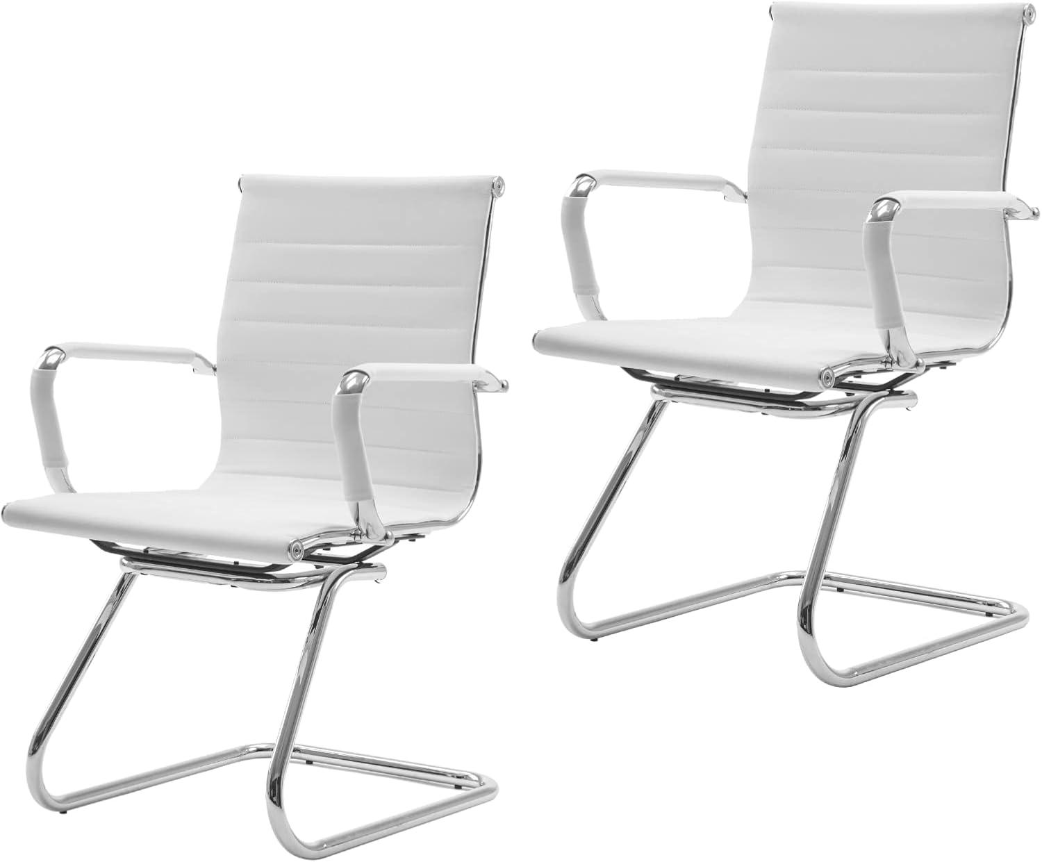 Guyou Modern Mid Back Office Guest Chair Set of 2, Faux Leather Reception Chair Computer Chair with Armrests and Metal Sled Base for Meeting/Waiting/Conference Room, No Wheels, White