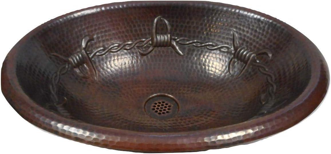 19" Oval Copper Drop-In Bathroom Sink with Barb Wire Design