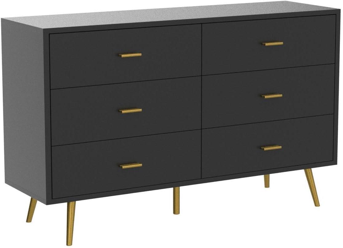 Black Modern 6-Drawer Dresser with Gold Handles