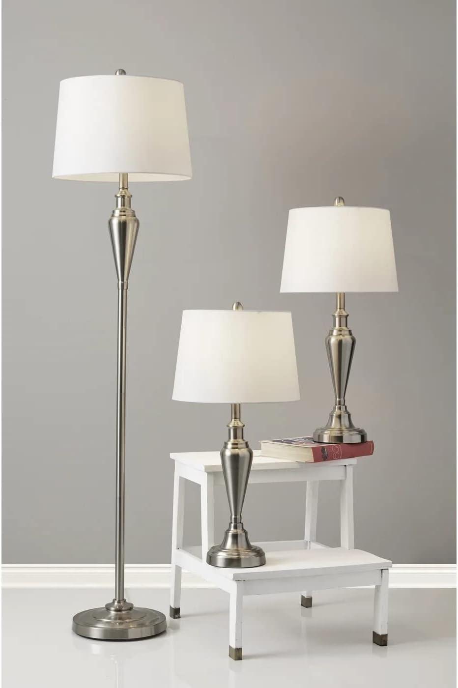 (Set of 3) Glendale Lamp Set Brushed Steel - Adesso: Antique Brass Finish, Polyester Shades, UL Listed