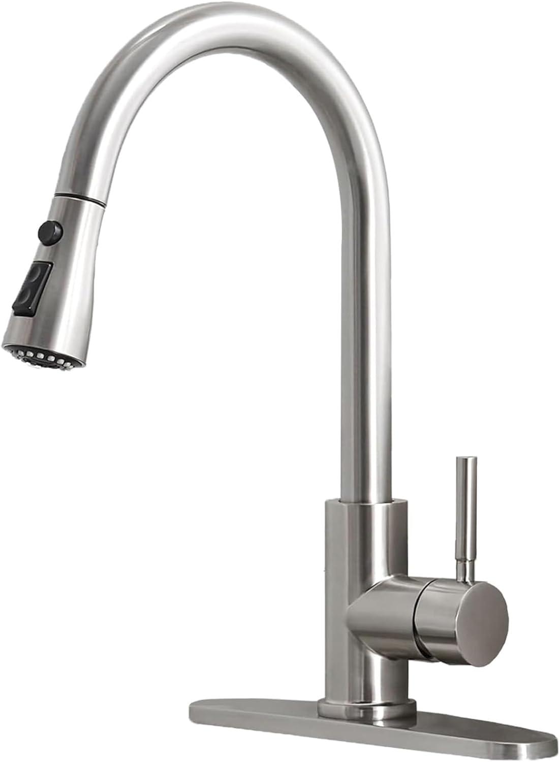 Brushed Nickel Kitchen Sink Faucet with Pull Down Sprayer Single Handle Single Hole Mixer Tap