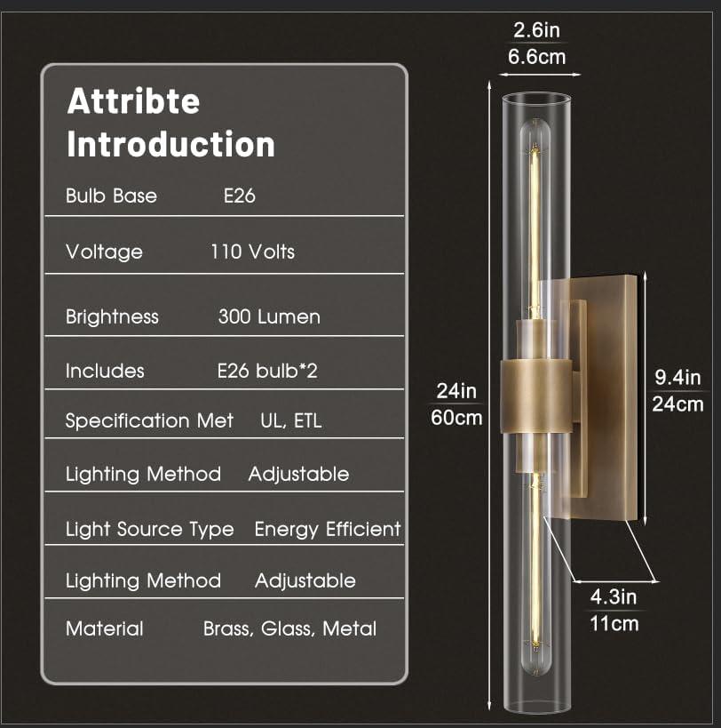 Mailus Wall Sconces, 22.8" Industrial-Chic Dual Glass Cylinder Wall Sconce(Set of 2)