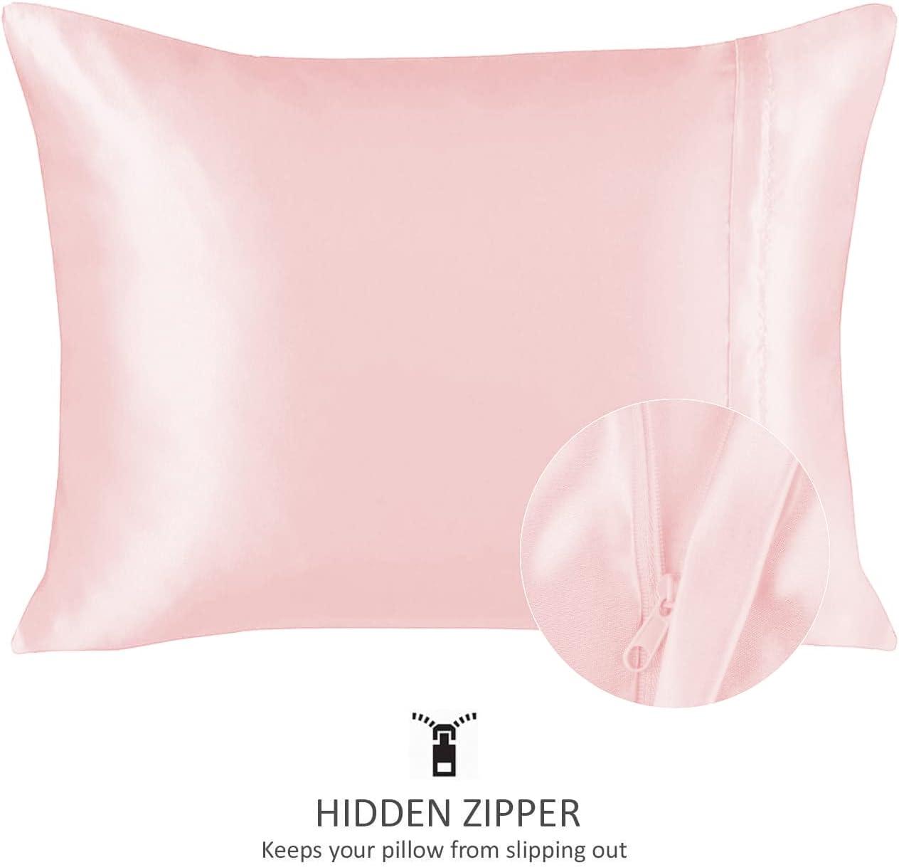 Standard Pink Satin Polyester Pillowcase Set with Zipper