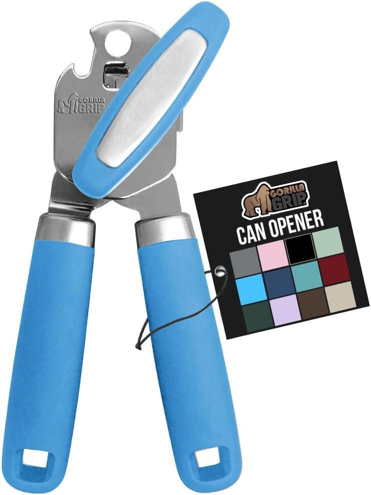 GORILLA GRIP Stainless Steel Manual Can Opener, Soft Touch Handle, Built-In Bottle Opener, Aqua