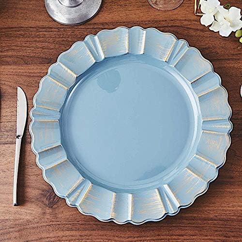 BalsaCircle 6 Dusty Blue Gold 13" Acrylic Wooden Textured Round Scalloped Trim Plastic Charger Plates