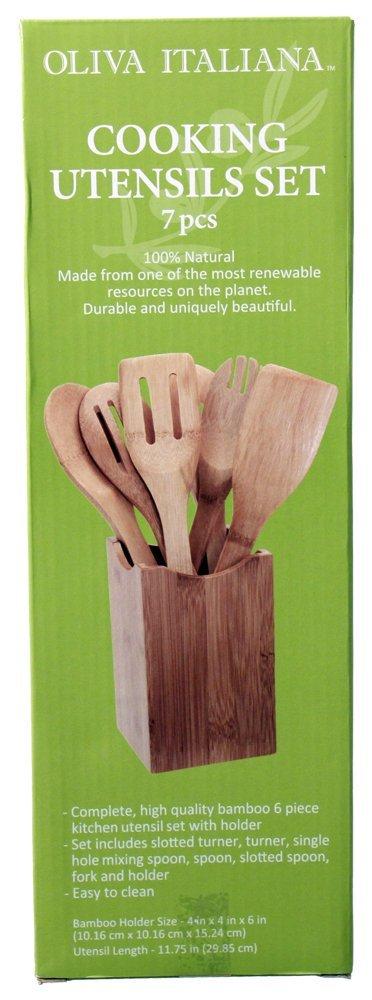 Oliva Italiana 7-Piece Bamboo Kitchen Utensil Set with Holder – Eco-Friendly, 100% Organic Bamboo Wooden Cooking Spoons, Spatula, Ladle, Turner & Pasta Server with Ergonomic Handles