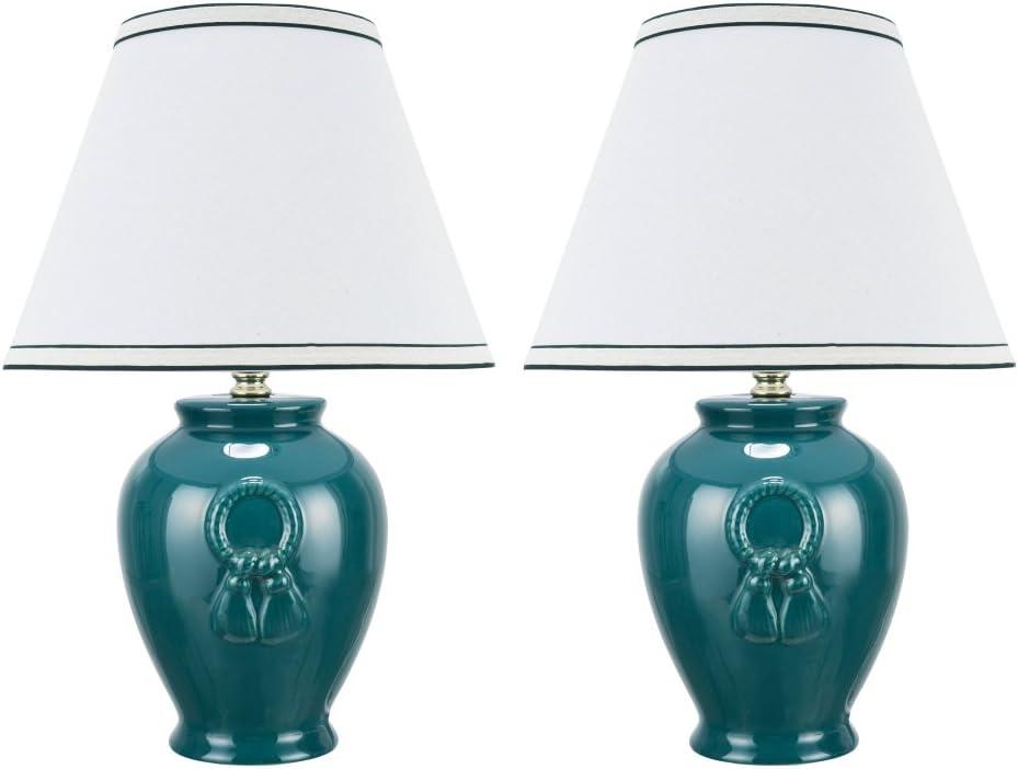 Aspen Creative 40069-2, Two Pack Set, 17" High, Traditional Ceramic Table Lamp, Green with Hardback Empire Shaped Lamp Shade in Off-White, 11 1/2" Wide