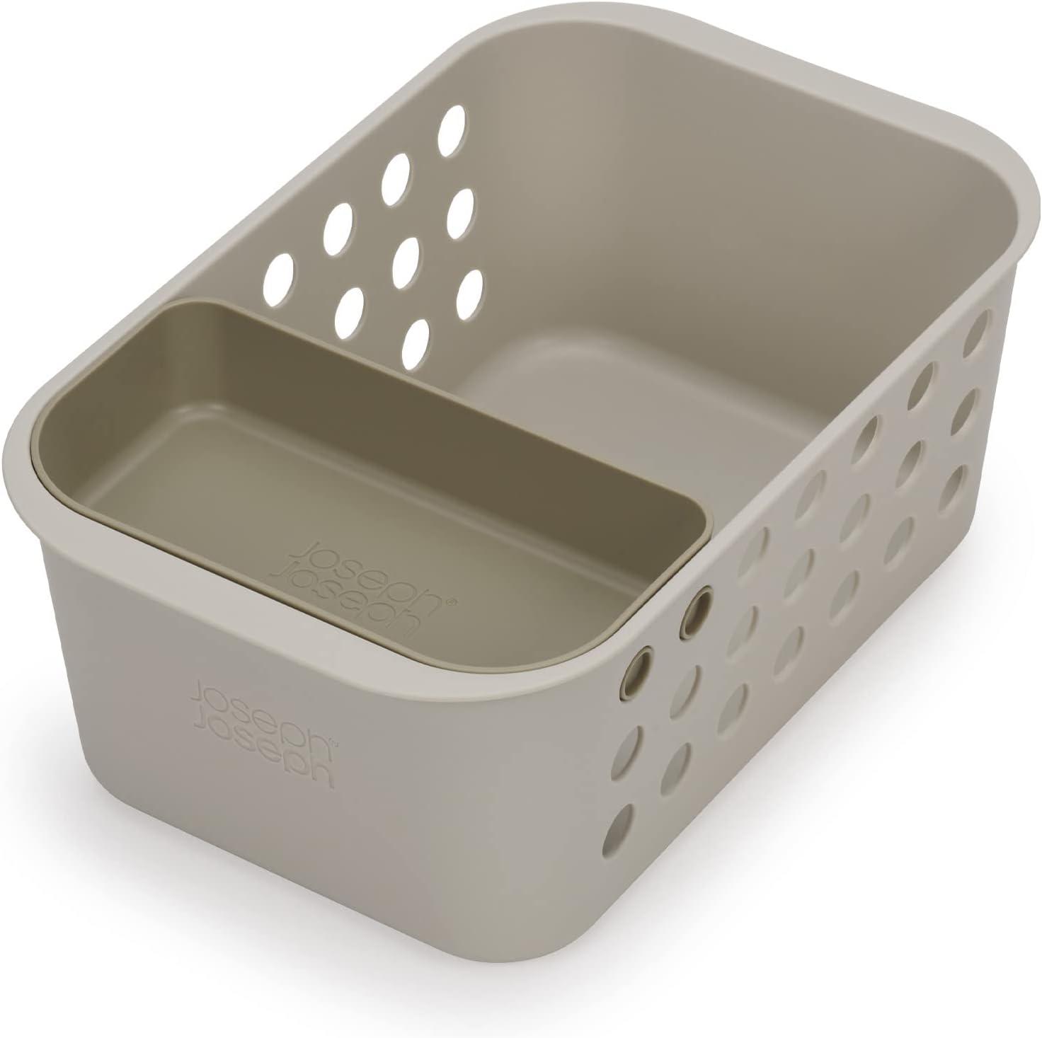 Compact Ecru Plastic Bathroom Storage Basket with Tray